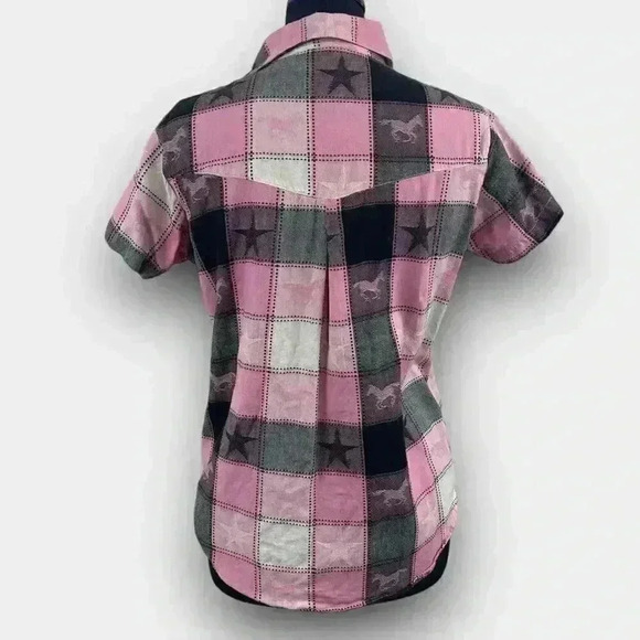 ADOBE ROSE button down western plaid shirt pink black stars horses - Picture 4 of 6